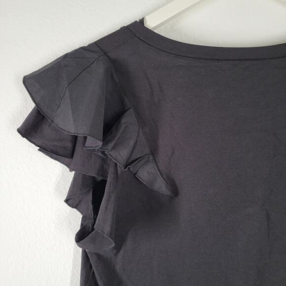 Zara Ruffle Sleeve T Shirt Black Sz Medium 100% Cotton - Picture 4 of 9